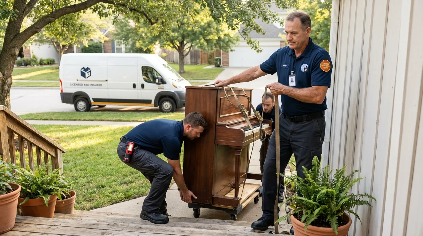 Licensed piano movers securing grand piano in Tonkawa, OK