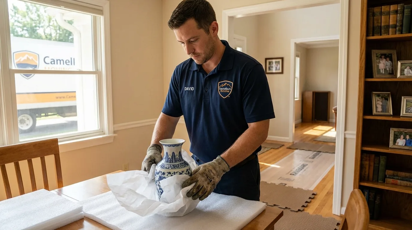 Professional crew carefully wrapping antique vase for senior downsizing move in Tonkawa, OK